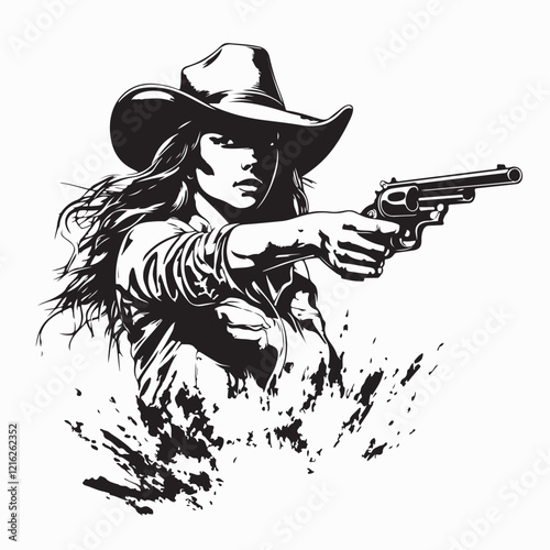 Beautiful Cool Cowgirl Aiming with Pistol Ready to Shoot Vector Illustration