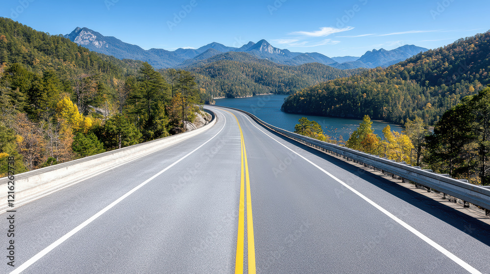 Scenic highway winding through mountains and lake under clear blue sky