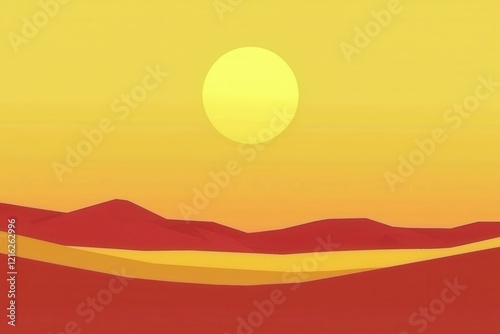 Desert Sunset Gradient: A desert landscape with sand dunes fading from golden yellow to deep red under a gradient sunset sky photo