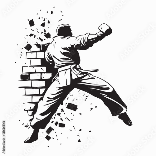 Karate fighter breaking bricks with his hand image vector isolated on white background.