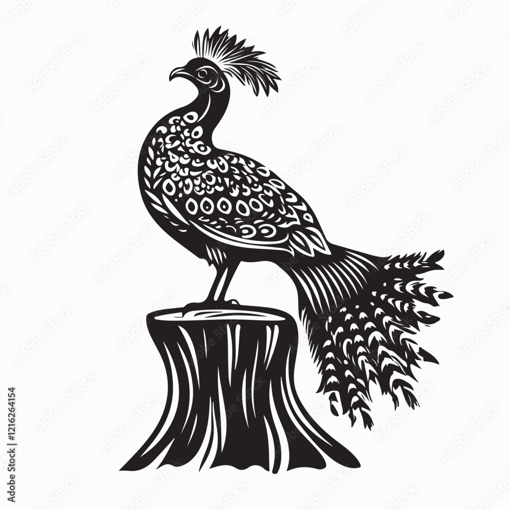 Fototapeta premium Peacock standing on a tree stump vector image isolated on white background.
