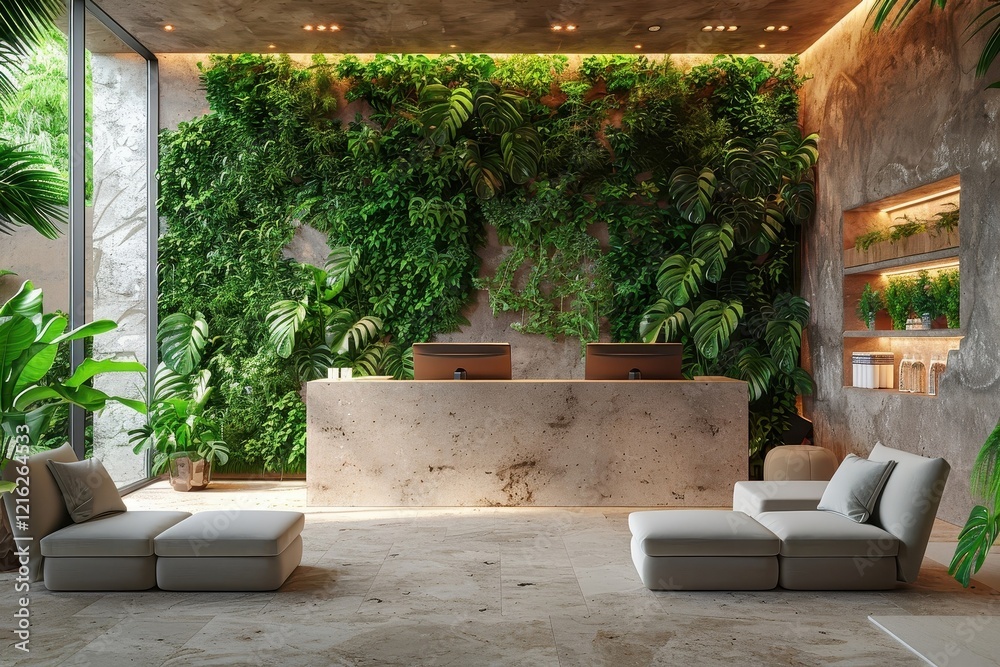 A welcoming and calming spa reception area with modern design and lush greenery. A welcoming and calming spa reception area with modern design and lush greenery.