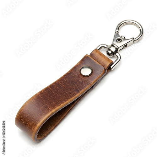 Rustic brown leather belt loop keychain isolated on white background