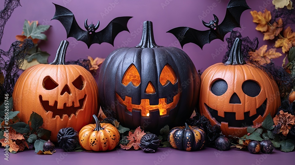Dark Halloween Pumpkins, skeletons, bats, and spider webs arranged on a purple background for a spooky scene Dark Halloween Pumpkins, skeletons, bats, and spider webs arranged on a purple background for a spooky scene