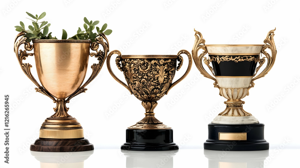 A white background with an isolated collection of the winner's golden trophy cup A white background with an isolated collection of the winner's golden trophy cup