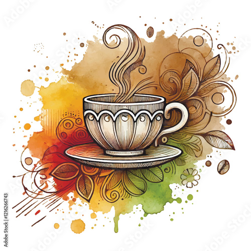 Watercolor hand drawn beautiful cup of hot coffee or tea with steam. Vector background with waercolor splashes, splatters, spots, line art vintage flowers, leaves, swirl lines. Modern illustration. photo