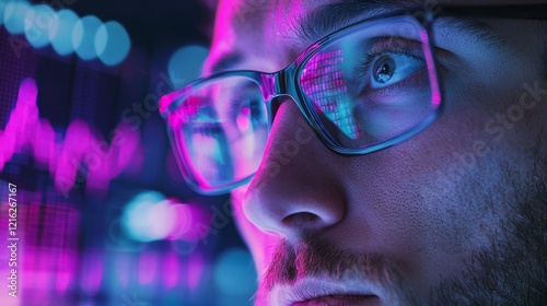 marketing research data technology. Man Analyzing Data on Screen in Glasses.