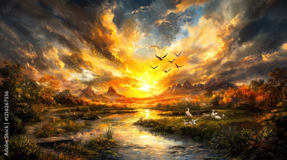 Tranquil Countryside Escape: Rolling Hills, Flowing Stream, and Golden Sun with Flying Birds. Perfect for Travel, Nature, or Web Background. Tranquil Countryside Escape: Rolling Hills, Flowing Stream, and Golden Sun with Flying Birds. Perfect for Travel, Nature, or Web Background.