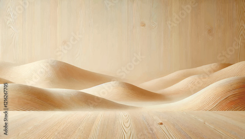 3d Vector illustration with landscape made of wood, with smooth, wavy hills that look like sand dunes. The wood has a smooth texture with natural grain patterns. Modern abstract textured background.