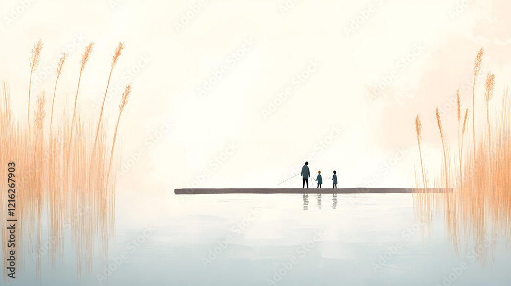 A tranquil fishing scene by a slow-moving river, a family casting lines from a wooden dock, surrounded by tall reeds and gentle ripples on the water. A tranquil fishing scene by a slow-moving river, a family casting lines from a wooden dock, surrounded by tall reeds and gentle ripples on the water.