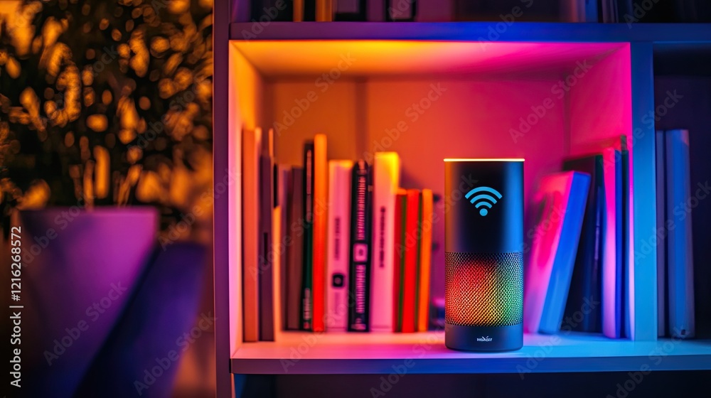 A smart speaker on a bookshelf glowing with Wi-Fi connectivity symbols, symbolizing voice-controlled home automation.