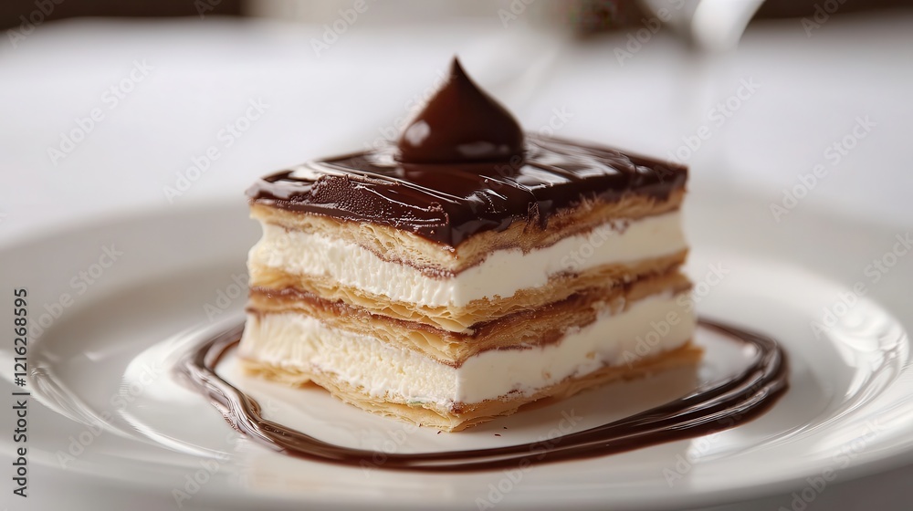 Chocolate-glazed pastry layers with cream. Perfect for dessert menus or food blogs. Chocolate-glazed pastry layers with cream. Perfect for dessert menus or food blogs.