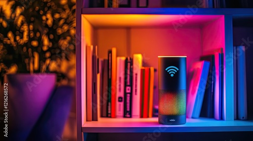 A smart speaker on a bookshelf glowing with Wi-Fi connectivity symbols, symbolizing voice-controlled home automation.