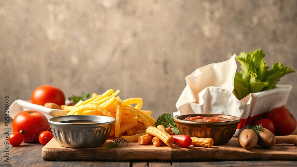 Delicious French Fries with Dipping Sauces and Fresh Vegetables Delicious French Fries with Dipping Sauces and Fresh Vegetables