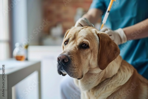 Veterinarian holding syringe and making vaccination to dog in clinic photo