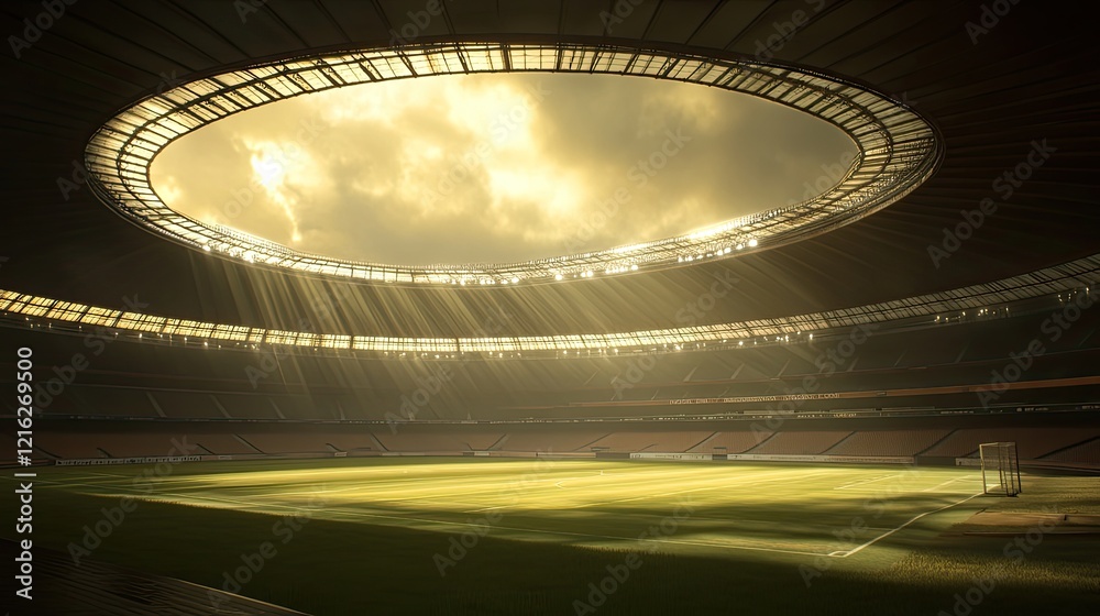 Obraz premium Dramatic lighting inside a domed stadium, highlighting the field.