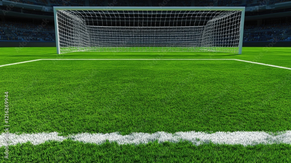 Fototapeta premium High-angle shot of a soccer goal area with perfectly defined white lines.