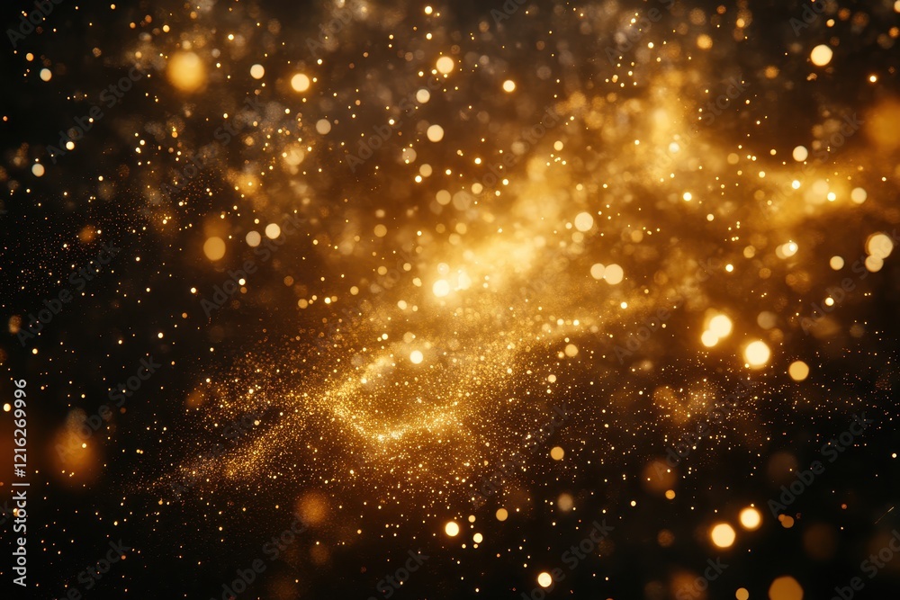 Fototapeta premium Golden glitter particles swirl on black. Perfect for celebratory backgrounds, luxury designs, and adding sparkle.
