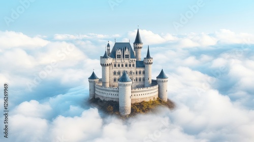 A majestic castle rises above fluffy clouds under a clear blue sky, evoking a sense of fantasy and wonder. photo