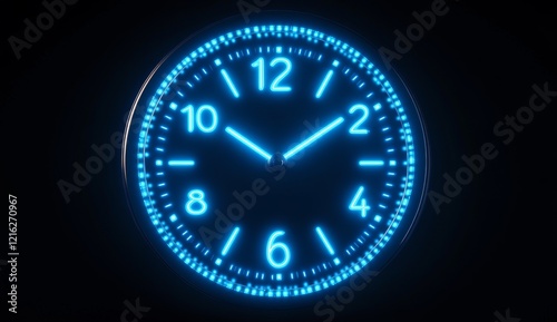 Neon blue clock showing time on black background. photo