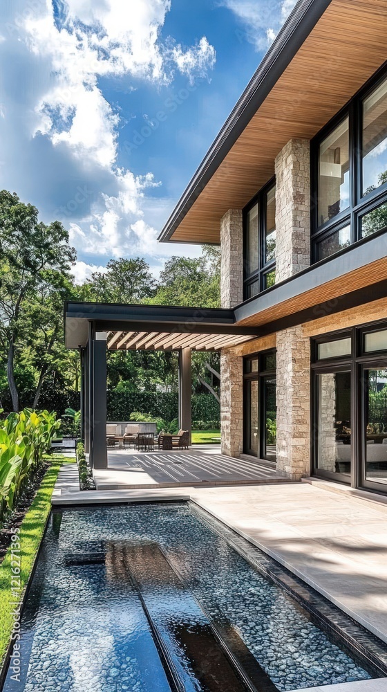 Modern Home Exterior Featuring Tranquil Water Feature