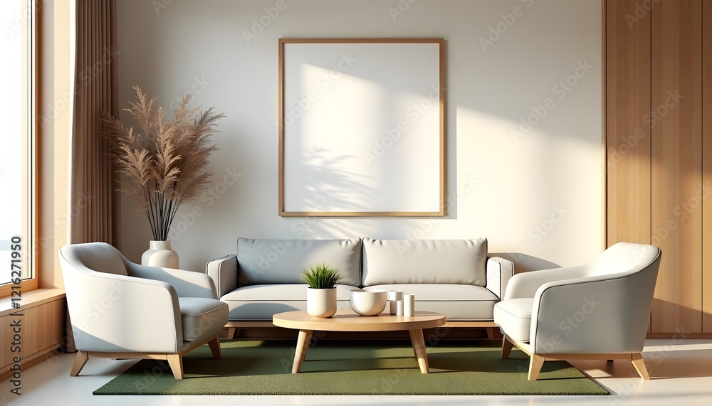 Stylish, minimalistic modern living room featuring a blank poster frame, sleek furniture, and neutral tones for a peaceful, contemporary atmosphere