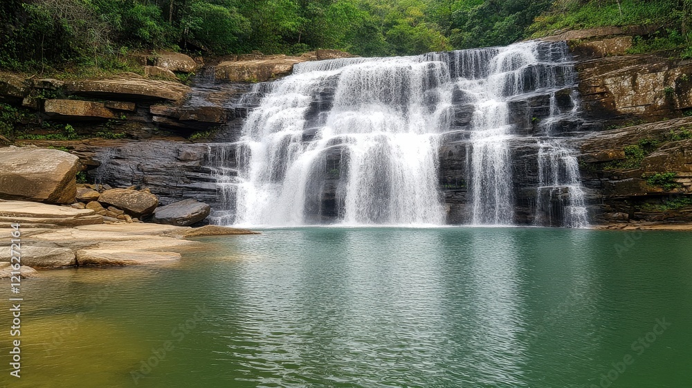 A serene waterfall cascades over rocks into a tranquil pool, surrounded by lush greenery, creating a peaceful natural scene. A serene waterfall cascades over rocks into a tranquil pool, surrounded by lush greenery, creating a peaceful natural scene.