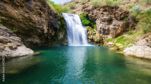A serene waterfall cascades into a sparkling pool, surrounded by lush greenery and rocky cliffs, creating a tranquil natural oasis.
