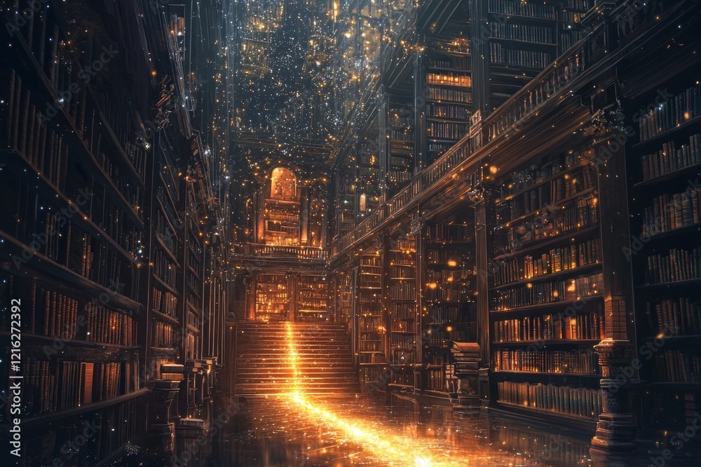 A starry path cutting across the floor of a dimly lit library, with its shimmering glow illuminating ancient books and towering shelves. A starry path cutting across the floor of a dimly lit library, with its shimmering glow illuminating ancient books and towering shelves.