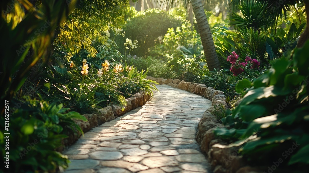 Serene Garden Path: A Sunlit Stone Walkway Winding Through Lush Greenery Serene Garden Path: A Sunlit Stone Walkway Winding Through Lush Greenery