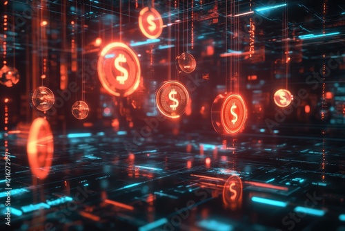 A futuristic concept of digital money with glowing holographic coins