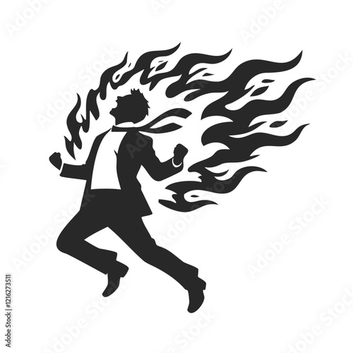 silhouette of a businessman, energetically running with flames trailing behind, symbolizing passion, motivation, or intense emotion.