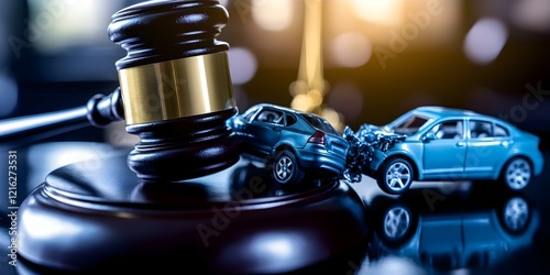 A gavel rests on a table beside miniature cars involved in a collision, symbolizing legal matters related to car accidents. Concept Legal Proceedings, Car Accident Litigation, Symbolic Imagery photo