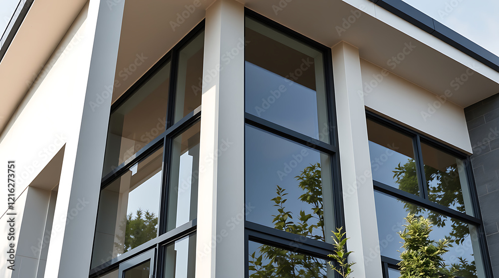 Modern House Exterior with Large Panoramic Windows and Clean Architectural Design. A Stunning Contemporary Home showcasing sleek lines and a bright, airy feel. Modern House Exterior with Large Panoramic Windows and Clean Architectural Design. A Stunning Contemporary Home showcasing sleek lines and a bright, airy feel.