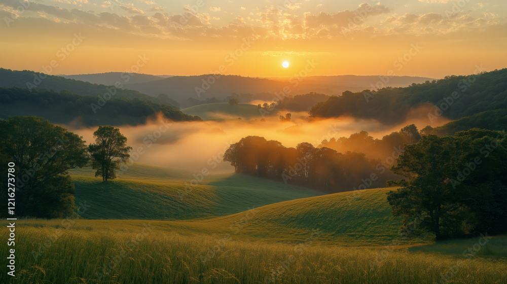 Misty Morning Fields and Rising Sun Misty Morning Fields and Rising Sun