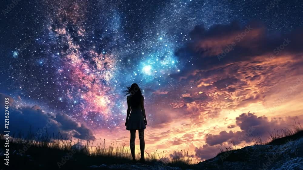 Starry Night Dream: A Woman Silhouetted Against a Vibrant Cosmic Sky