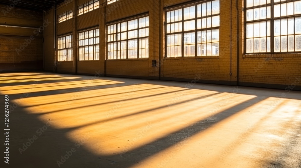 Sunlight streaming through large windows in an empty industrial space, casting long shadows on the floor