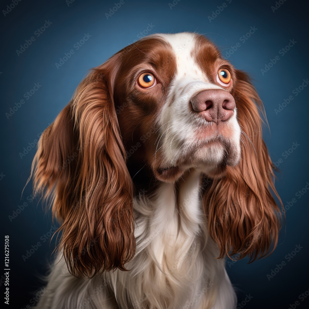 close up portrait of brown and white dog with long, wavy fur and expressive eyes, set against dark blue background, showcasing its unique features and personality close up portrait of brown and white dog with long, wavy fur and expressive eyes, set against dark blue background, showcasing its unique features and personality