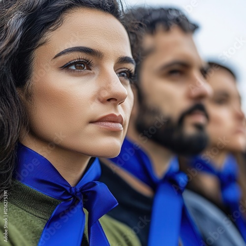 Group of diverse people wearing blue ribbons for microtia awareness, Microtia Awareness Day, symbolizing support and advocacy, photo