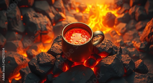 Birds-eye view of a lava-filled mug on magma rocks with a fiery backdrop