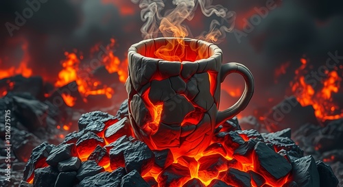 Birds-eye view of a lava-filled mug on magma rocks with a fiery backdrop