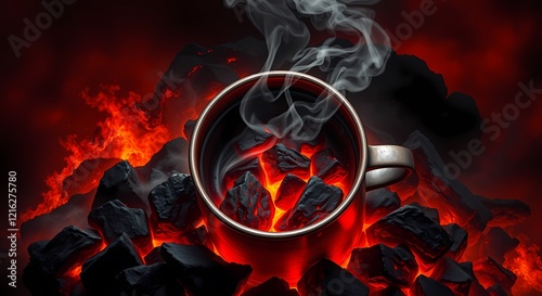 Birds-eye view of a lava-filled mug on magma rocks with a fiery backdrop