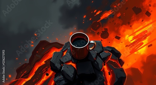 Birds-eye view of a lava-filled mug on magma rocks with a fiery backdrop