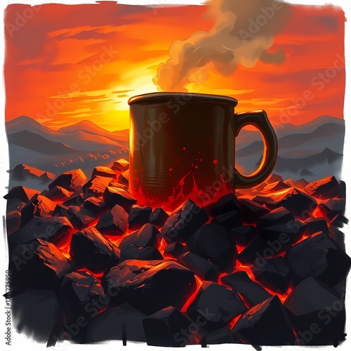Watercolor Painting of Volcano Mug Set against Blazing Magma Rocks