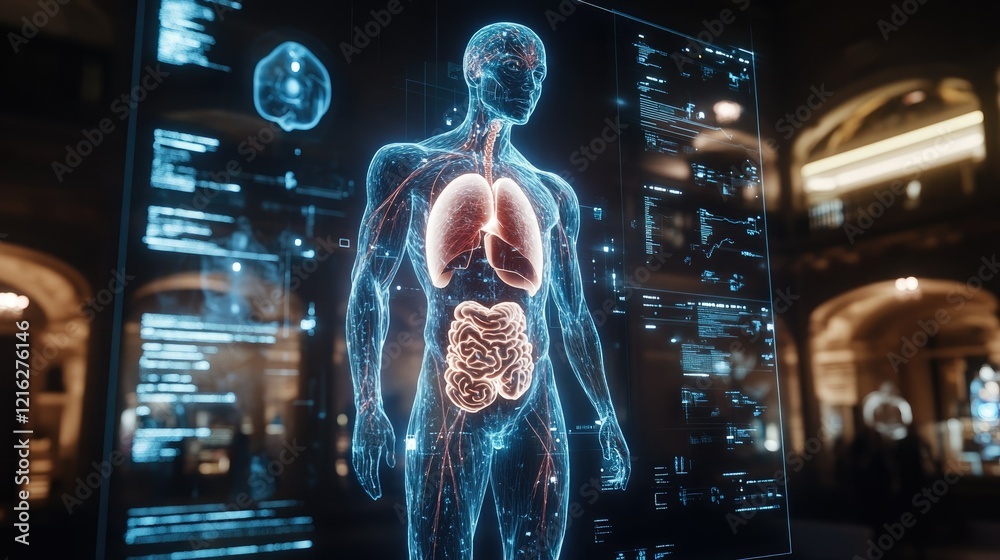 Obraz premium Futuristic Medical Hologram: Unveiling the Human Anatomy in a Museum Setting