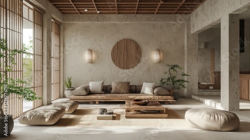 Japandi living room with plaster walls and wooden accents, 3D render