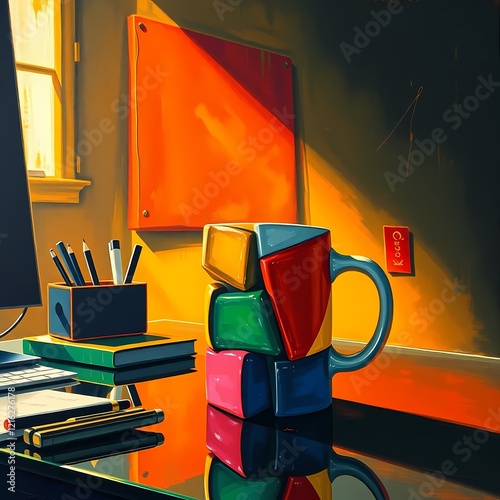 3D rendering of a cup of coffee in a room with books, pencils and a board. Vibrant acrylic artwork with textured brushstrokes and soft golden light