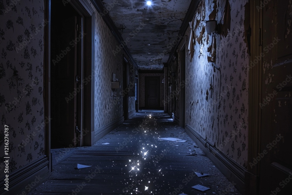 A starry path glowing faintly as it winds through a dark, abandoned hallway with peeling wallpaper and broken light fixtures. A starry path glowing faintly as it winds through a dark, abandoned hallway with peeling wallpaper and broken light fixtures.