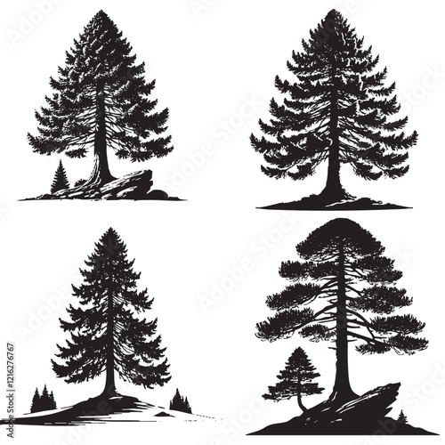 High-Quality Monochrome Vector Silhouette of the Swiss Stone Pine Tree Isolated on a White Background