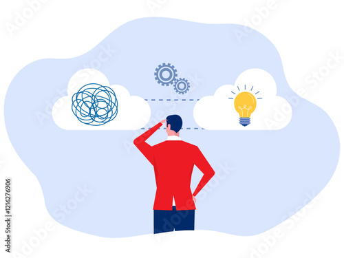  businessman thinking with mess problem and lightbulb idea,Problem solving, solution or strategic thinking  vector illustrator